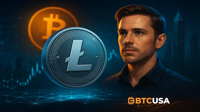 Digital illustration of Litecoin coin glowing against Bitcoin background symbolizing a new bullish narrative