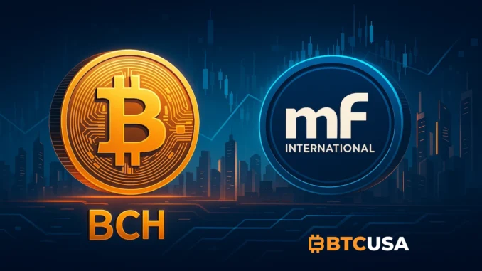 mF International Bitcoin Cash Strategy Futuristic illustration showing corporate adoption of Bitcoin Cash and a growing digital asset treasury