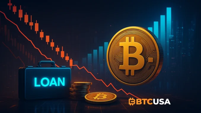 metaplanet_bitcoin_loan.webp Digital concept showing Bitcoin-backed loans and falling stock charts representing Metaplanet’s leveraged BTC strategy