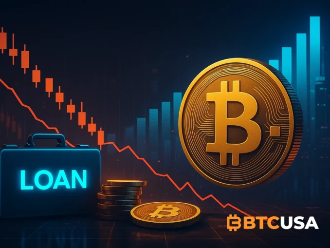 Digital concept showing Bitcoin-backed loans and falling stock charts representing Metaplanet’s leveraged BTC strategy