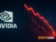 Futuristic stock market visualization showing Nvidia’s logo fading with red falling charts symbolizing a record market value decline