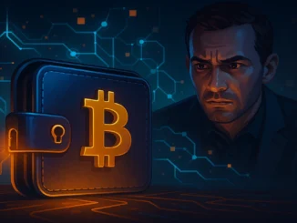 A digital illustration showing a crypto wallet under security examination, with glowing blockchain elements and a tense, investigative atmosphere representing OKX’s 10 BTC bounty challenge.