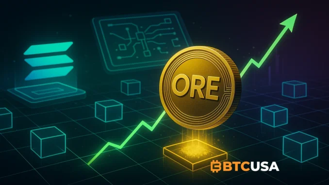 Digital illustration showing ORE token rising on Solana blockchain with glowing mining contracts and deflationary visuals