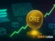 Digital illustration showing ORE token rising on Solana blockchain with glowing mining contracts and deflationary visuals