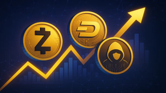 privacy-coins-market-rally-zec-dash-railgun-1920x1080 Futuristic digital illustration showing Zcash, Dash, and Railgun coins glowing against a dark blockchain background symbolizing the privacy coin rally