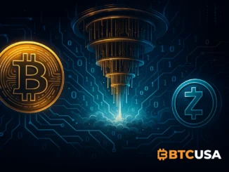 Futuristic illustration showing Bitcoin facing quantum computing pressure and a rising focus on privacy technology