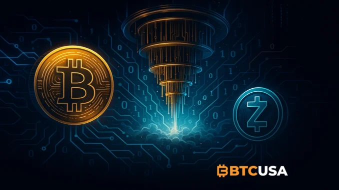 Futuristic illustration showing Bitcoin facing quantum computing pressure and a rising focus on privacy technology