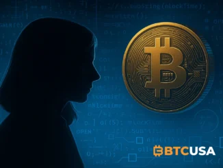 Abstract illustration of Bitcoin’s mysterious creator surrounded by blockchain code and cryptographic symbols