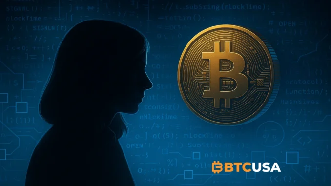 Abstract illustration of Bitcoin’s mysterious creator surrounded by blockchain code and cryptographic symbols