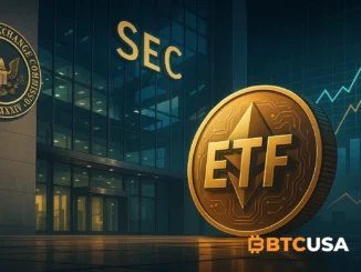 Digital illustration showing the SEC building with ETF charts symbolizing accelerated approval for crypto ETFs
