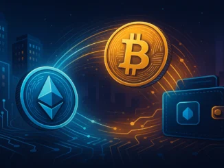 Digital illustration showing Bitcoin and Ethereum coins being transferred from centralized exchanges to personal wallets through glowing blockchain connections