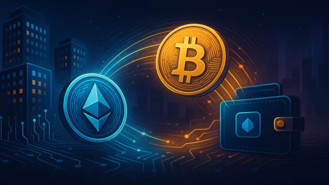 sentora-btc-eth-exchange-outflows-1920x1080 Digital illustration showing Bitcoin and Ethereum coins being transferred from centralized exchanges to personal wallets through glowing blockchain connections