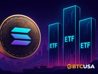 Futuristic Solana-themed illustration showing growing institutional adoption of SOL ETFs in the US