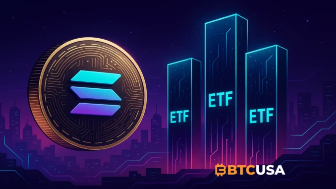Futuristic Solana-themed illustration showing growing institutional adoption of SOL ETFs in the US
