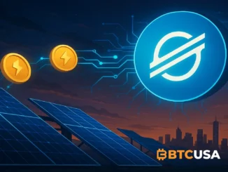 Digital illustration showing Stellar blockchain connecting solar panels and digital tokens symbolizing renewable energy tokenization