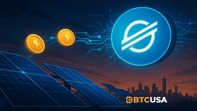 stellar_solar_energy_tokenization Digital illustration showing Stellar blockchain connecting solar panels and digital tokens symbolizing renewable energy tokenization