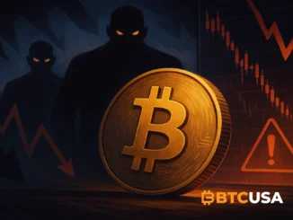 A digital illustration showing Bitcoin under dark market pressure with looming shadows and warning signals, symbolizing fear sparked by the Tether CEO’s cryptic tweet.