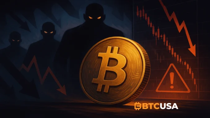 tether_bitcoin_black_friday A digital illustration showing Bitcoin under dark market pressure with looming shadows and warning signals, symbolizing fear sparked by the Tether CEO’s cryptic tweet.