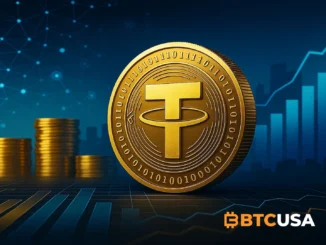 dark futuristic financial visualization showing stablecoin reserves, liquidity structures, and glowing digital asset flows symbolizing Tether’s growing equity and excess reserves