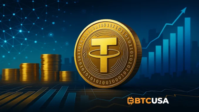 dark futuristic financial visualization showing stablecoin reserves, liquidity structures, and glowing digital asset flows symbolizing Tether’s growing equity and excess reserves