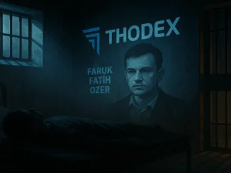 Somber digital illustration of a Turkish prison cell with dim light reflecting off a Thodex logo and a shadowed figure symbolizing tragedy and investigation