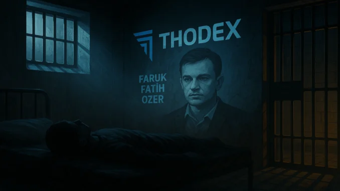 Somber digital illustration of a Turkish prison cell with dim light reflecting off a Thodex logo and a shadowed figure symbolizing tragedy and investigation