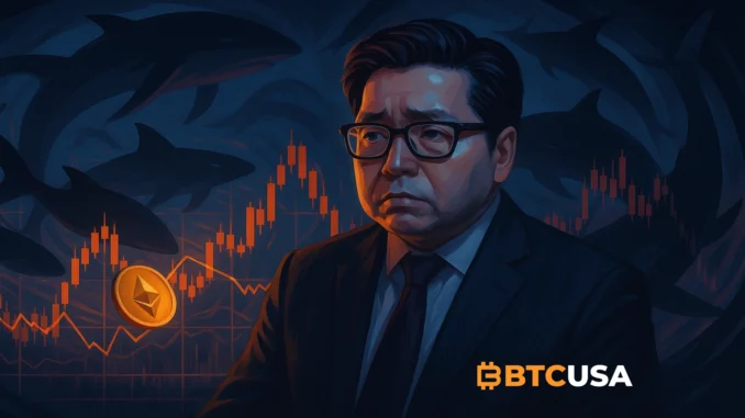 tom_lee_liquidity_warning A digital illustration showing market makers under pressure with swirling whale shadows circling volatile crypto charts, symbolizing liquidity stress and forced liquidations.
