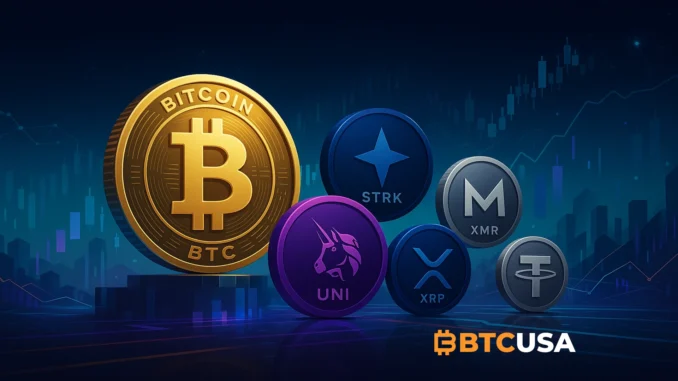 Digital illustration showing Bitcoin, Ethereum, and top trending altcoins with blockchain visuals and market charts symbolizing crypto momentum