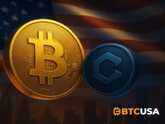 Digital visualization of Bitcoin and Cronos coins with an American background representing Trump Media’s crypto portfolio