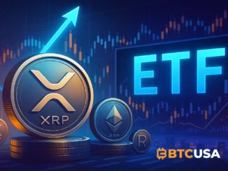 Digital illustration showing XRP coins and stock trading charts symbolizing the launch of the first U.S. spot Ripple ETF