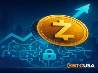 Digital illustration showing Zcash gaining strength with privacy-focused blockchain elements in a futuristic setting