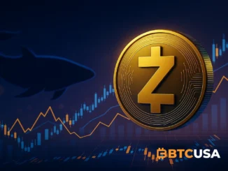 Digital illustration showing Zcash coin with glowing trading charts representing whale activity and market speculation