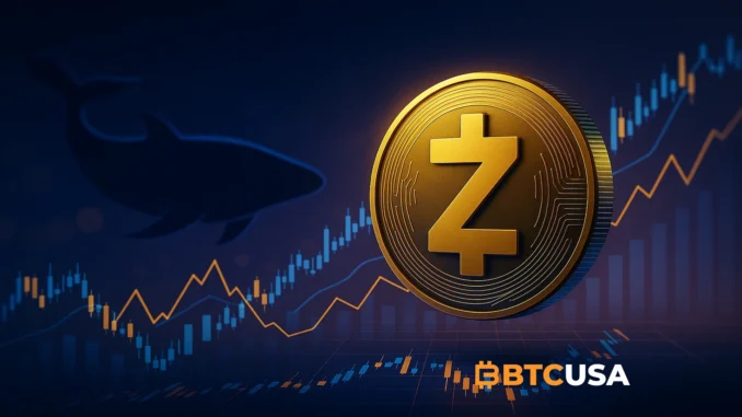 zcash_whale_activity Digital illustration showing Zcash coin with glowing trading charts representing whale activity and market speculation