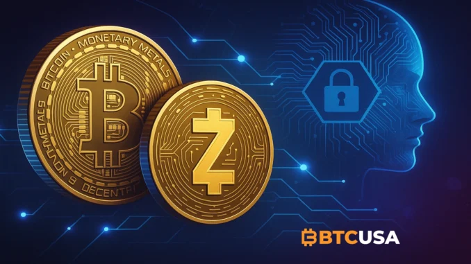 zec_ai_privacy Illustration highlighting Zcash privacy features alongside Bitcoin in a digital, cryptographic environment