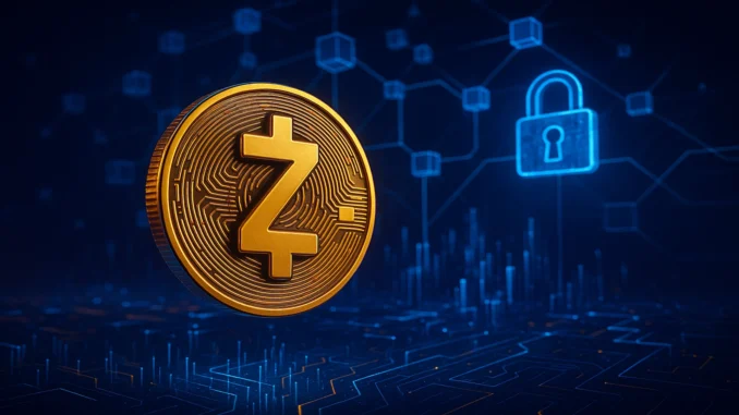 Futuristic digital illustration symbolizing Zcash privacy and blockchain security roadmap 2025
