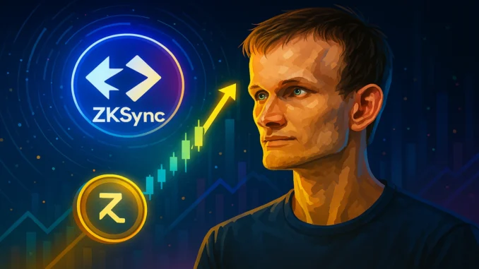 zksync-buterin-69percent-rally-1920x1080 Futuristic digital illustration of ZKsync token rising through a glowing blockchain network with 15,000 TPS streams and a silhouette of Vitalik Buterin in the background