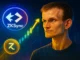 Futuristic digital illustration of ZKsync token rising through a glowing blockchain network with 15,000 TPS streams and a silhouette of Vitalik Buterin in the background