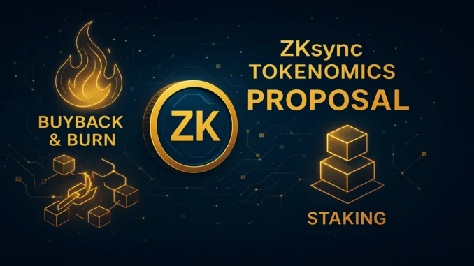 zksync_tokenomics Futuristic digital illustration of ZK token burn and staking concept with glowing blockchain visuals