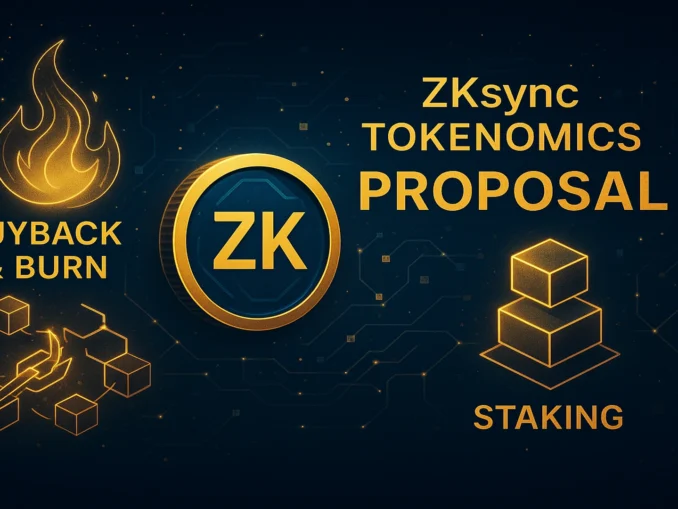 Futuristic digital illustration of ZK token burn and staking concept with glowing blockchain visuals