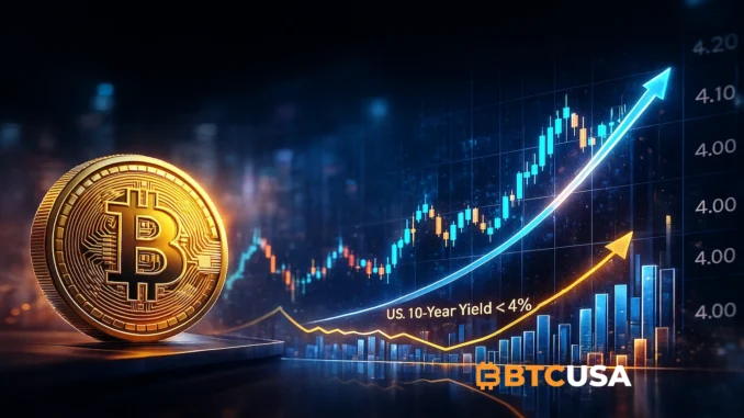 Bitcoin Price Prediction Model Activated by Falling Yields Graphic showing a chart where the US 10-Year Yield line crosses below the 4% mark, triggering a sharp upward acceleration in the projected Bitcoin price prediction trajectory towards $115,000.