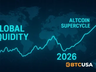 Digital illustration showing global liquidity trends and cryptocurrency cycle dynamics, highlighting a projected altcoin supercycle in 2026