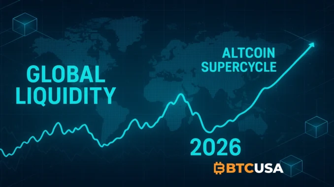 Global_Liquidity_Altcoin_Supercycle_Raoul_Pal Digital illustration showing global liquidity trends and cryptocurrency cycle dynamics, highlighting a projected altcoin supercycle in 2026