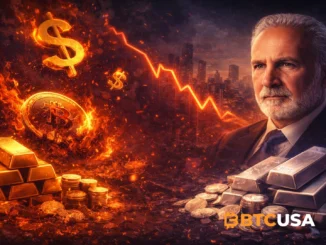 Cinematic illustration of falling US dollar symbols contrasted with rising gold and silver assets in a dark financial landscape