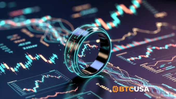 Ring_tradingview Futuristic illustration of a smart ring displaying color-changing market alerts connected to live trading charts and digital asset prices.