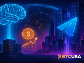 Futuristic illustration showing AI infrastructure interconnected with the Telegram ecosystem, symbolizing AlphaTON Capital’s $420.69M strategic expansion.