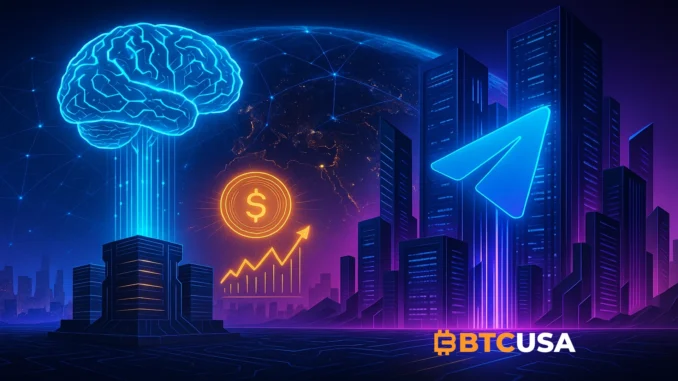 Futuristic illustration showing AI infrastructure interconnected with the Telegram ecosystem, symbolizing AlphaTON Capital’s $420.69M strategic expansion.