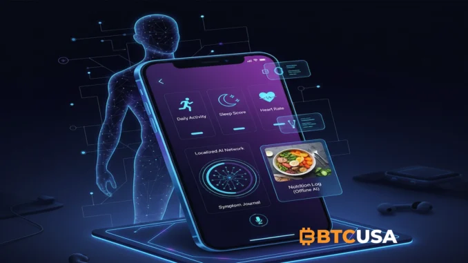 Tether_QVAC_Health_Application_Interface Screenshot of the Tether + QVAC Health application interface showing integrated metrics for sleep, exercise, and nutritional data analysis using artificial intelligence.
