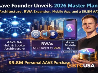 Cinematic illustration of Aave’s 2026 roadmap showing DeFi infrastructure evolution, real-world asset expansion, and mobile fintech adoption in an institutional-focused blockchain ecosystem.