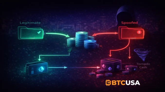 Illustration showing a crypto address-poisoning scam resulting in a massive USDT transfer and laundering through Ethereum