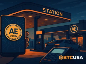Futuristic scene showing digital payments with AE Coin at Middle Eastern fuel stations.